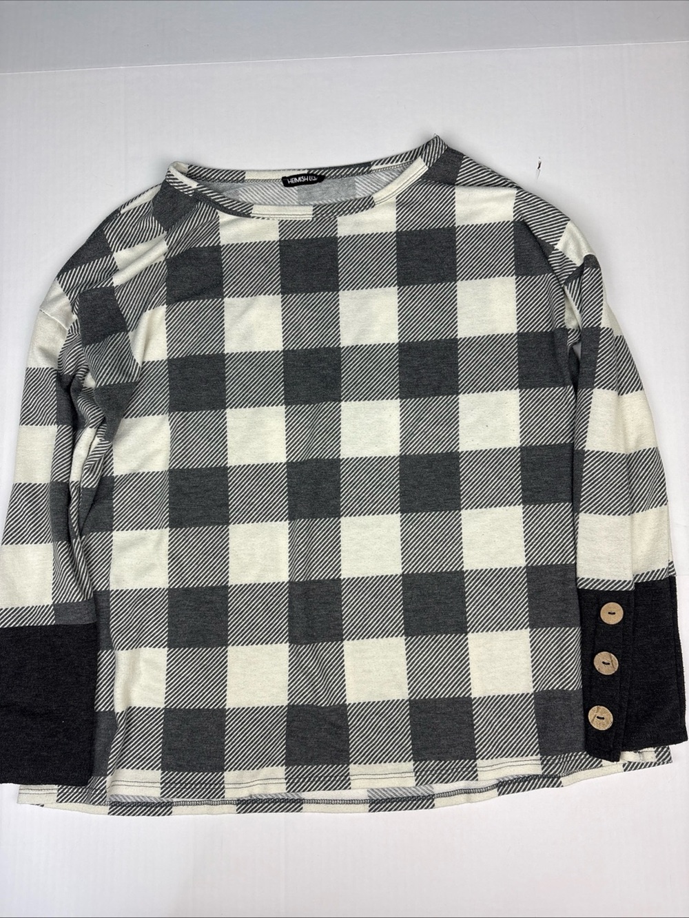 Heimish USA Women XL Shirt Gray Cream Check Buffalo Plaid Button Cuff Soft Comfy